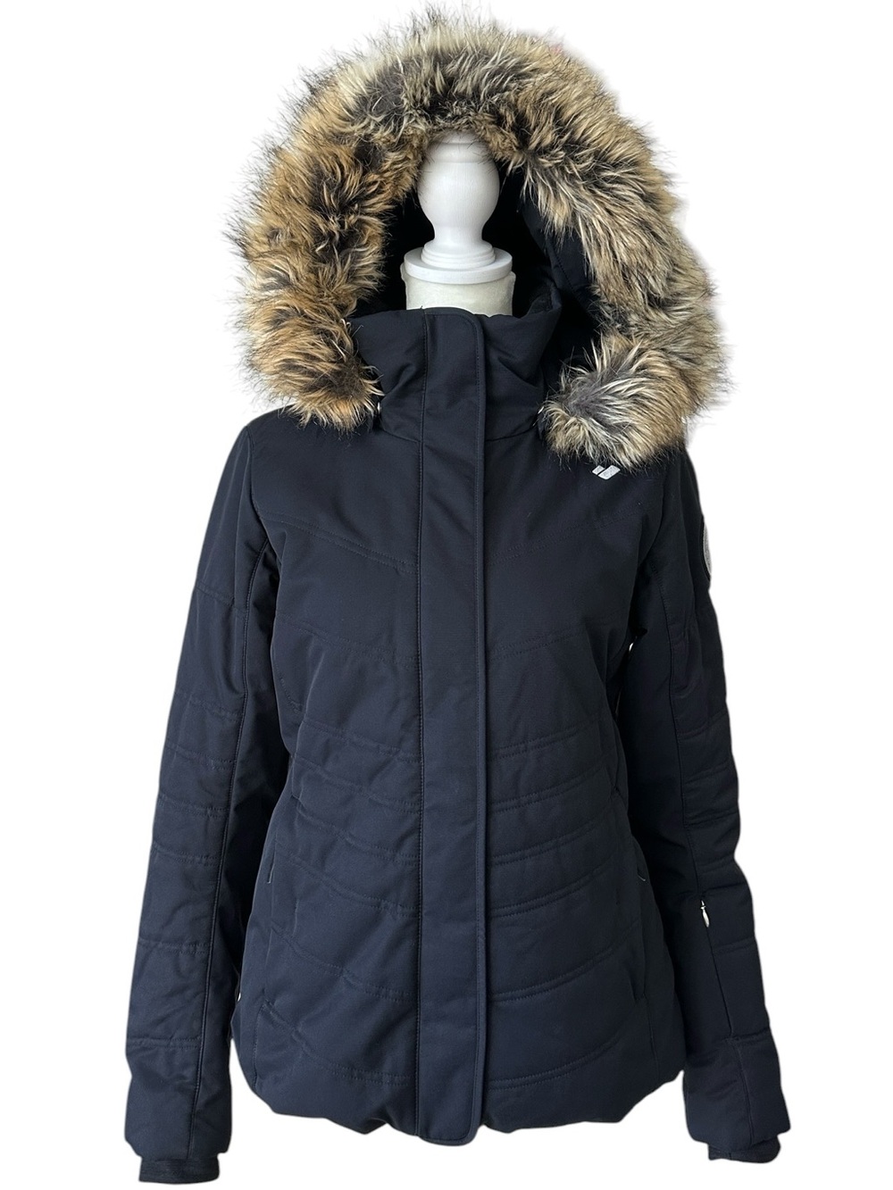 Obermeyer Women's Tuscany Ski Jacket Faux Fur Trimmed Hood Black Tan Size 2